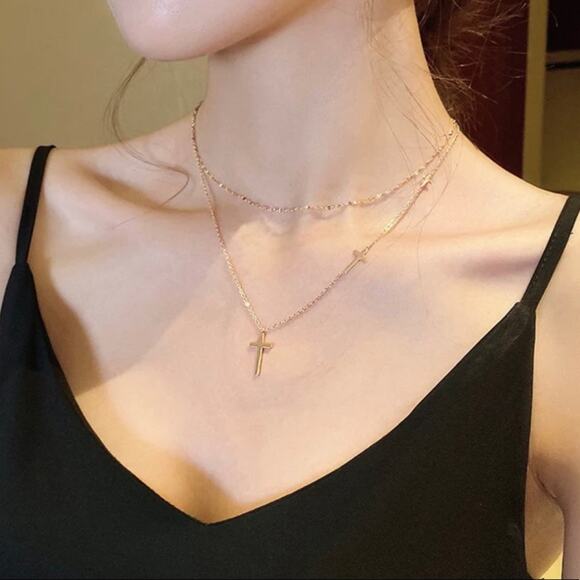 18K yellow gold plated triple cross double layer necklace jewelry B20 - Picture 5 of 6